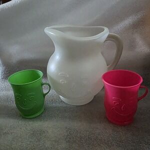 Vntge Kool-Aid Pitcher 1984 Smiley Face 2 Qt General Foods Promo W/ 2- NEON Mugs